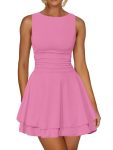 Kaximil Women's Ruffle Hem Boat Neck MINI Dress Sleeveless Ruched Corset Short Party Dresses Medium Pink