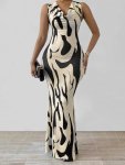 Allover Print Cowl Neck Dress Elegant Sleeveless Floor Length Bodycon Dress For Spring & Summer Women's Clothing