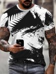 New Zealand Fern Print T-Shirt For Men - Casual Crew Neck Tee With Slight Stretch Polyester Knit Fabric Short Sleeve Summer Fash