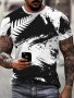 New Zealand Fern Print T-Shirt For Men - Casual Crew Neck Tee With Slight Stretch Polyester Knit Fabric Short Sleeve Summer Fashion Pullover Top