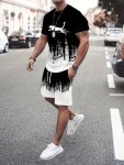 Running Cheetah Graphic Print Men's Casual Two-piece Set Crew Neck Short Sleeve T-Shirt & Drawstring Shorts With Pockets Breatha