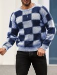Men's Color Blocking Textured Checked Print Casual Trendy Sweater Long Sleeve Pullover As Gift For Fall And Winter