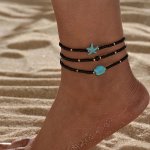 3PC Set Bohemian Mixed Color Beaded Turquoise Starfish Anklets Minimalist Beach Turtle Pendant Vintage Fashionable Multi-layer C