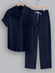 Men's Solid Color Ribbed Casual 2-PIECE Set Stand Collar Short Sleeve Shirt And Long Pants Outfit For Summer Casual Daily Wear
