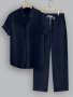 Men's Solid Color Ribbed Casual 2-Piece Set Stand Collar Short Sleeve Shirt And Long Pants Outfit For Summer Casual Daily Wear