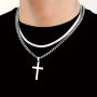 2pcs Men's Hip Hop Stainless Steel Cross Pendant Necklace Set - Silvery Layered Snake Chain Design