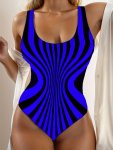 Striped Color Block Backless One-piece Swimsuit Retro Scoop Neck High Stretch Bathing Suits Women's Swimwear & Clothing
