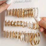 36PCS Chic Alloy Hoop Earrings Set For Women - Vintage Punk Style With Faux Pearl Accents Stainless Steel Posts Perfect For Ever
