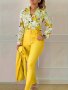 Elegant Two-piece Set Floral Print V Neck Long Sleeve Blouse & Solid Belted Tapered Pants Outfits Women's Clothing