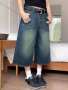 Y2K Vintage Washed Cat Whisker Pocket Wide Leg Bermuda Denim Jeans Shorts Casual Capri Pants
