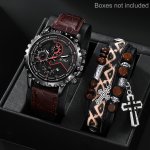 Soki Men's Fashion Quartz Watch With Calendar & Cross Faux Leather Bracelet Set - Perfect Father's Day Gift