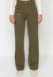 Pocket Detailed Zippered High Waist Wide Leg Jeans - Khaki