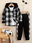 2-PIECE Boys Casual Co Ord Set Long Sleeve Plaid Hoodie And Jogger Pants Comfy Spring Fall Clothes