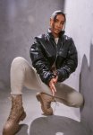 Black Faux Leather Ruched Sleeve Cropped Bomber Jacket - Black