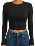 Trendy Queen Womens Long Sleeve Crop Tops Basic Slim Fitted Shirts Spring Fashion Outfits 2026 Teen Girl Clothes Black XS