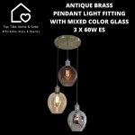 Antique Brass Pendant Light Fitting With Mixed Color Glass - 3 X 60W Es