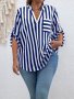 Plus Size Striped Print Notched Blouse Casual Roll Tab Sleeve Top For Spring Women's Plus Size Clothing