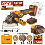 Ingco 42V Cordless Bl Angle Grinder 115MM 2.5AH Kit CAGLI4128112
