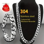 2PCS SET Necklace Bracelet Set For Men And Women Classic Fashion Y2K Stainless Steel Cuban Necklace Domineering Hip-hop Punk Roc