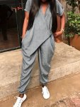 Solid Surplice Neck Jumpsuit Casual Short Sleeve High Waist Jumpsuit Women's Clothing