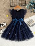 Elegant Girl Frilled Sleeveless Tulle Dress Star Mesh Splicing Design Casual Midi Dress With Belt