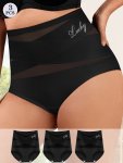 3PCS Women's Plus Elegant Panties Plus Size Letter Graphic Cross Detail High Waist Tummy Control Briefs