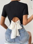 Color Block Knot Back Crop Top Stylish Short Sleeve Crew Neck Slim Top For Spring & Summer Women's Clothing