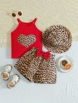 Fashion Girls 3PCS Set Leopard Heart Sleeveless Halter Top + Bow Decor Leopard Shorts + Hat Vacation Outfit For 4-7Y