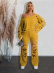 Ripped Solid Casual Two-piece Set Slant Shoulder Long Sleeve Top & Pants Outfits Women's Clothing