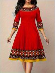 Geo Print Color Block Dress Vintage 3 4 Sleeve Crew Neck Aline Dress For Spring & Fall Women's Clothing
