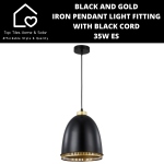 Black And Gold Iron Pendant Light Fitting With Black Cord - 35W Es