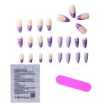 24PCS Long Almond Glossy Heart Design Press-on Nails - Purple/white
