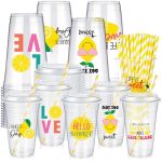 Foldtier 60 Set Lemon 20 Oz Plastic Cups Bulk Disposable Clear Cups With Lids And Paper Straws For Yellow Lemon Party Birthday S
