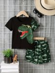 2PCS Boys Casual Dinosaur Graphic Print Short Sleeve T-Shirt & Camouflage Shorts Set Comfy Summer Boys Clothes