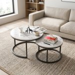 Round Marble Effect Nesting Coffee Tables With Black Metal Frame