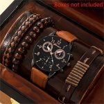 4PCS Men's Business Quartz Watch For Men Leisure Watch Analog Leather Wrist Watch & Bracelet Gifts For Him