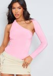 Bubblegum Pink One Shoulder Asymmetric Bodysuit - Bubblegum Pink