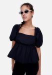 Tie-detail Puff-sleeved Blouse - Black