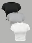 Solid Side Ruched T-Shirt 3 Pack Casual Crew Neck Short Sleeve T-Shirt For Spring & Summer Women's Clothing