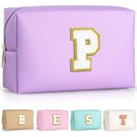 Topeast Personalized Makeup Bag Chenille Letter Pouch Cosmetic Bag W Zipper Pu Leather Waterproof Toiletry Bag Bridal Shower Gif