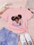 Girls' Casual T-Shirt Cute Cartoon Girl & Heart Print Soft Round Neck Fashion Tee For Spring/summer Comfortable Kids Clothing Gift