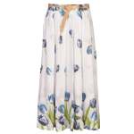 Tulip Print Belted Linen Skirt - White Free