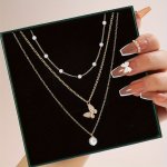 3PCS SET Detachable Multi-layer Stacking Butterfly Imitation Pearl Necklace Elegant & Simply Style Fashion Temperament Accessory