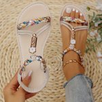 Women's Elegant Floral Sandals Colorful Braided Slip On Lightweight Flat Beach Shoes Summer Vacation Shoes