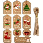 50-PACK Christmas Gift Tags With String - Festive Light Brown Paper Tags With Hand-painted Santa Fox And Holiday Motifs For Chri