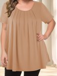 Plus Size Solid Color Pleated T-Shirt Casual Crew Neck Short Sleeve Top For Spring & Summer Women's Plus Size Clothing