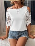 Contrast Lace Cold Shoulder T-Shirt Elegant Short Sleeve Top For Spring & Summer Women's Clothing