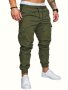 Men's Solid Cargo Pants With Multi Pockets Causal Drawstring Slim-fit Cotton Blend Trousers For Outdoor Activities