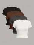 Solid Simple T-Shirt 4 Pack Versatile Crew Neck Short Sleeve Slim Basic T-Shirt For Spring & Summer Women's Clothing