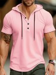Men's Solid Color Hooded Henley T-Shirt With Drawstrings Casual Breathable Quick-drying Short Sleeve Basketball Sports Henley Sh